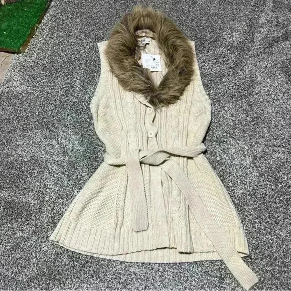 Croft & Barrow Cardigan Sweater M Tan Button Up Sash Faux Fur Collar Sleeveless - Picture 1 of 10